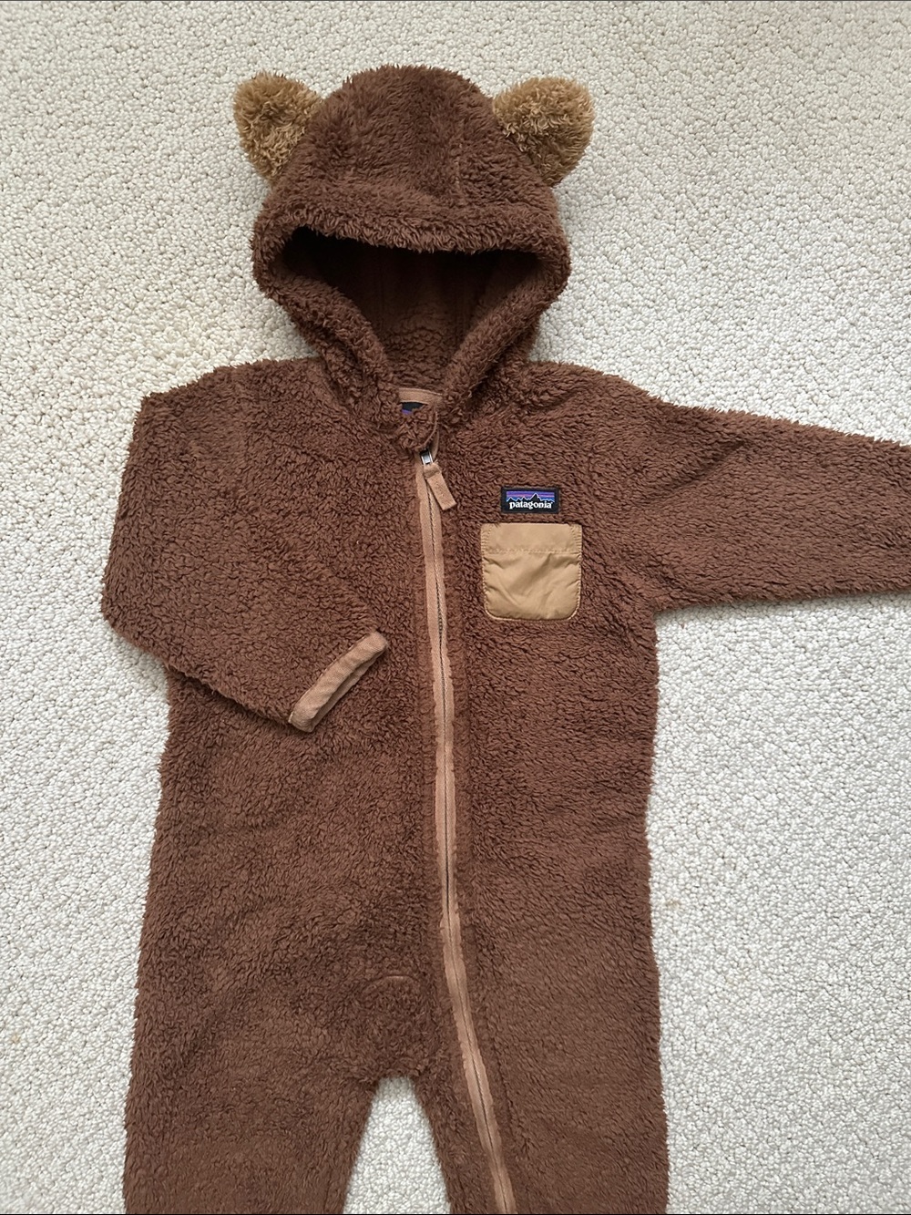 Patagonia Brown Teddy Fleece Hooded Romper with Ears
